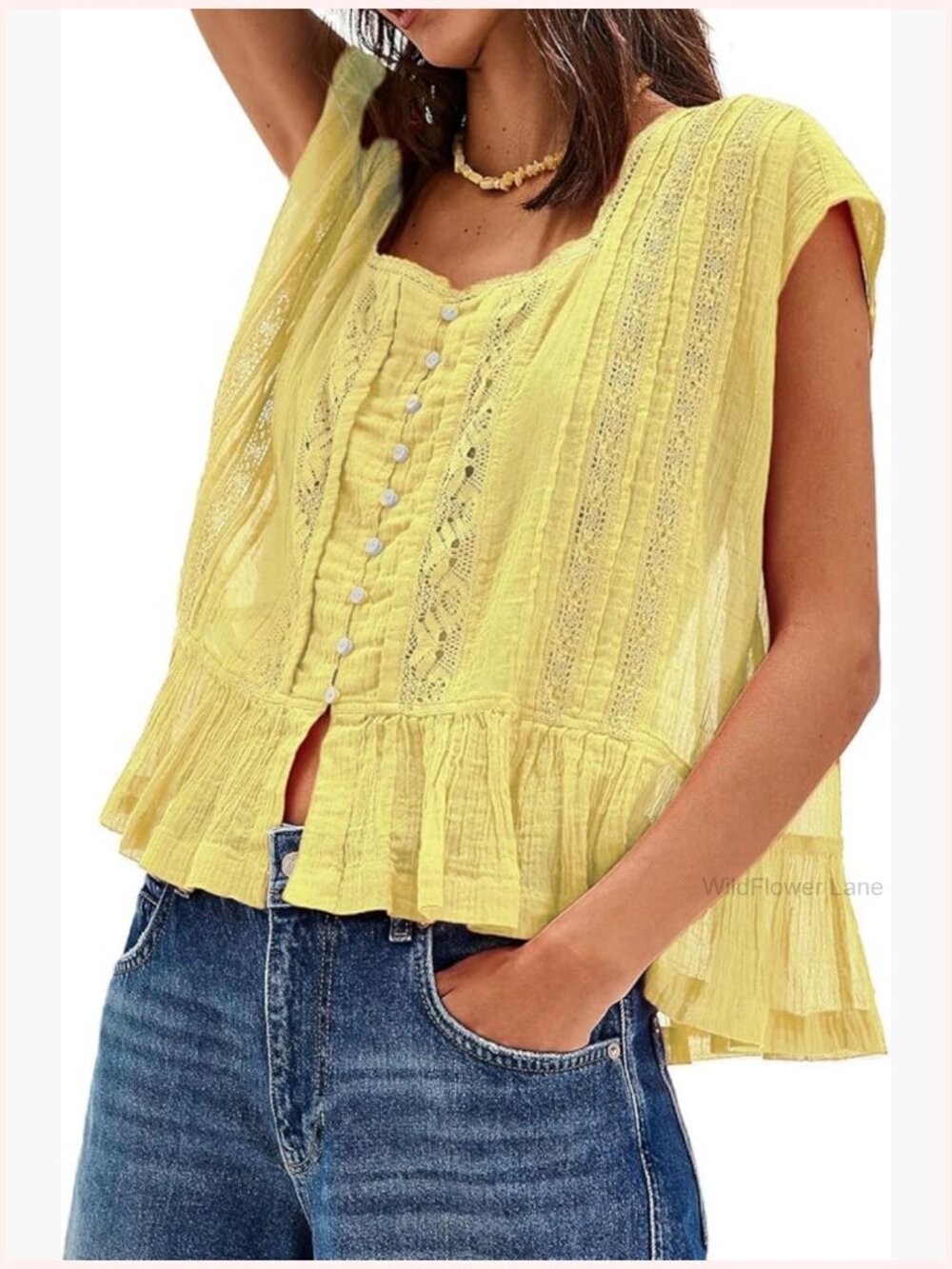 Semi Sheer Button Down Blouse Square Neck Lace Ruffle Cap Sleeve Top